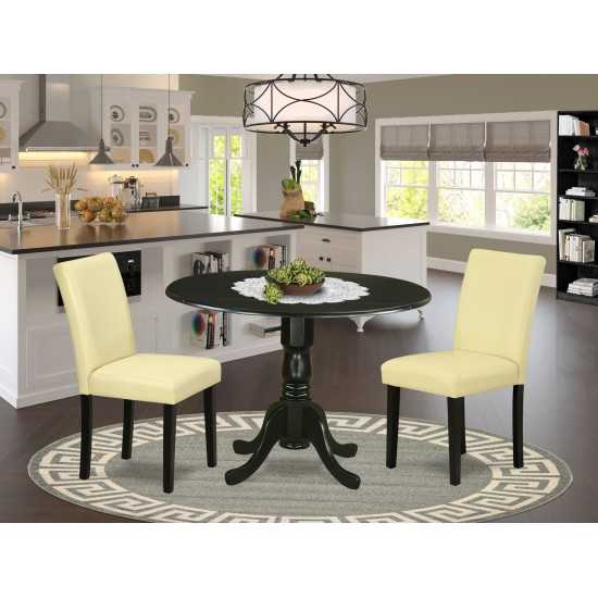 3Pc Round 42" Dining Table, Two 9-Inch Drop Leaves, 2 Parson Chair, Black Leg, Pu Leather Color Eggnog