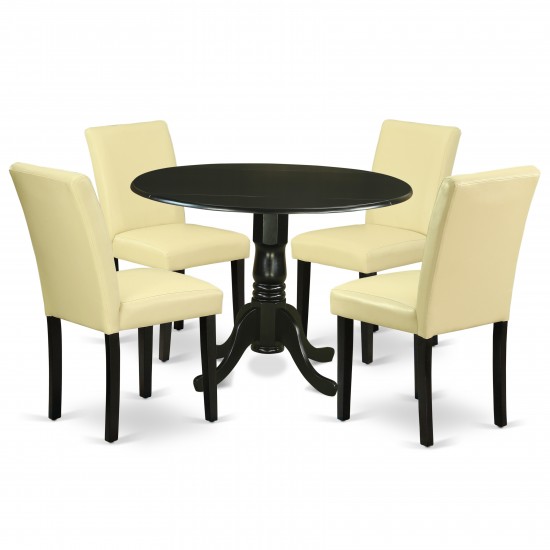 5Pc Round 42" Kitchen Table, Two 9-Inch Drop Leaves, Four Parson Chair, Black Leg, Pu Leather Color Eggnog