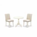 3 Pc Kitchen Set, 1 Pedestal Dining Table, 2 Light Beige Parson Dining Chairs, High Back, Linen White Finish