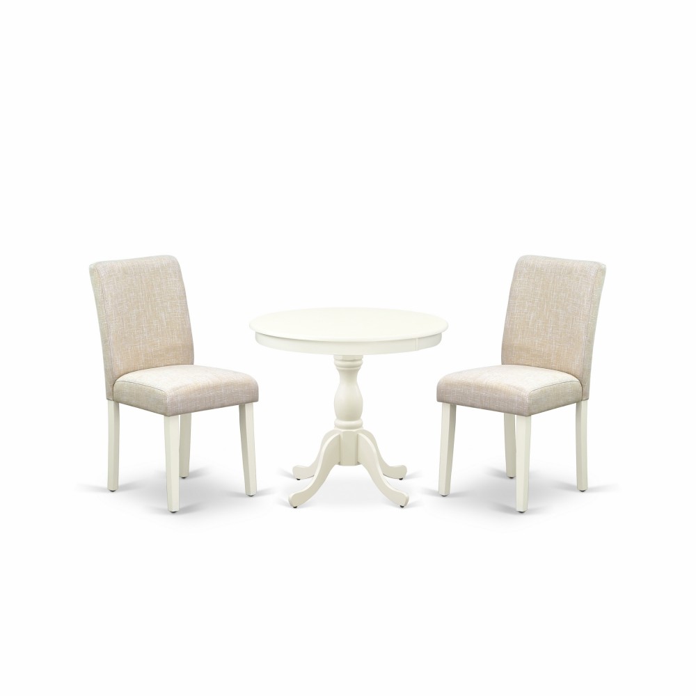 3 Pc Kitchen Set, 1 Pedestal Dining Table, 2 Light Beige Parson Dining Chairs, High Back, Linen White Finish