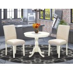 3 Pc Kitchen Set, 1 Pedestal Dining Table, 2 Light Beige Parson Dining Chairs, High Back, Linen White Finish