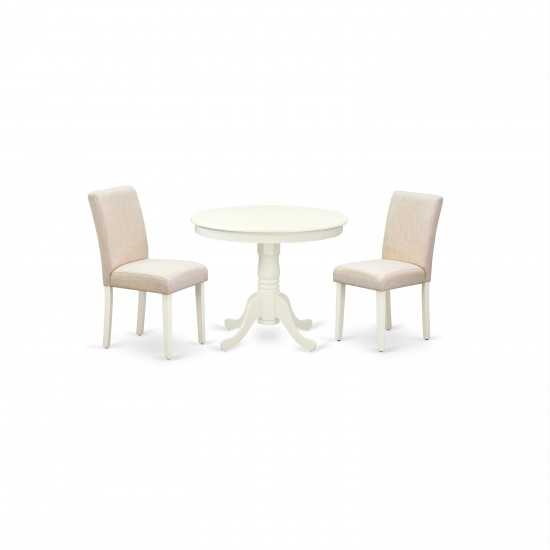 3Pc Round 36" Dinette Table, Two Parson Chair With White Leg, Fabric Light Beige