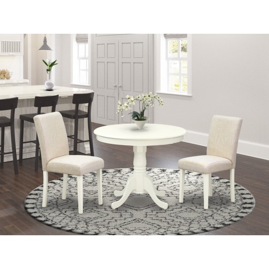 3Pc Round 36" Dinette Table, Two Parson Chair With White Leg, Fabric Light Beige