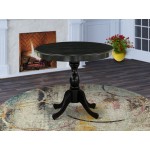 Round Small Dining Table Wire Brushed Black Color Top Surface, Asian Wood Small Table Pedestal Legs -Black Finish