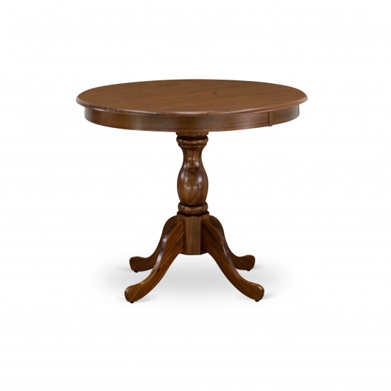 Round Wood Table Walnut Color Top Surface, Asian Wood Dining Table Pedestal Legs -Walnut Finish