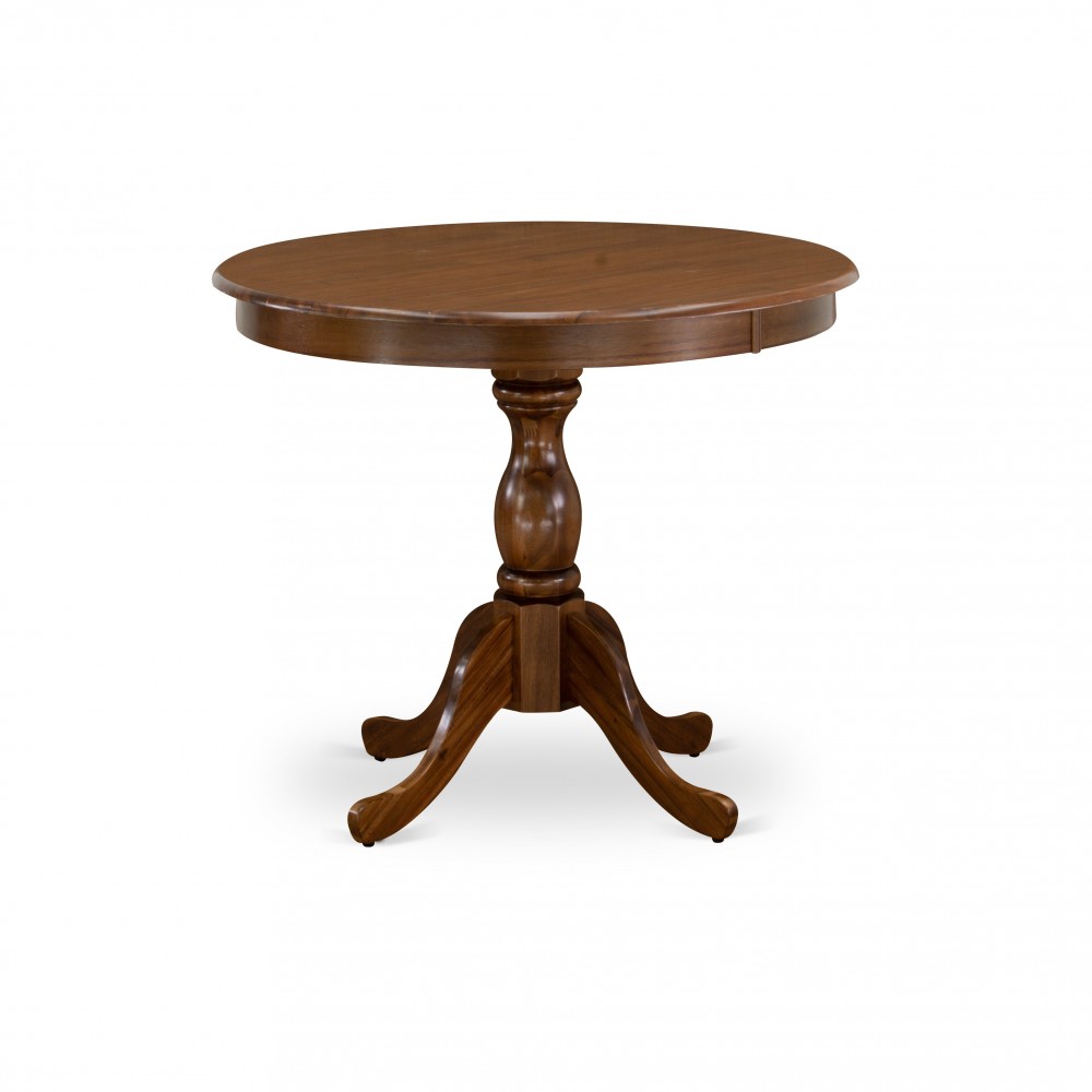 Round Wood Table Walnut Color Top Surface, Asian Wood Dining Table Pedestal Legs -Walnut Finish