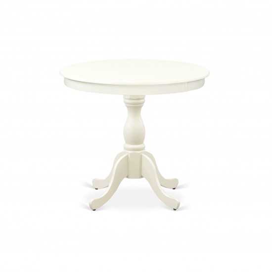 Round Dining Table Linen White Color Top Surface, Asian Wood Round Table Pedestal Legs -Linen White Finish