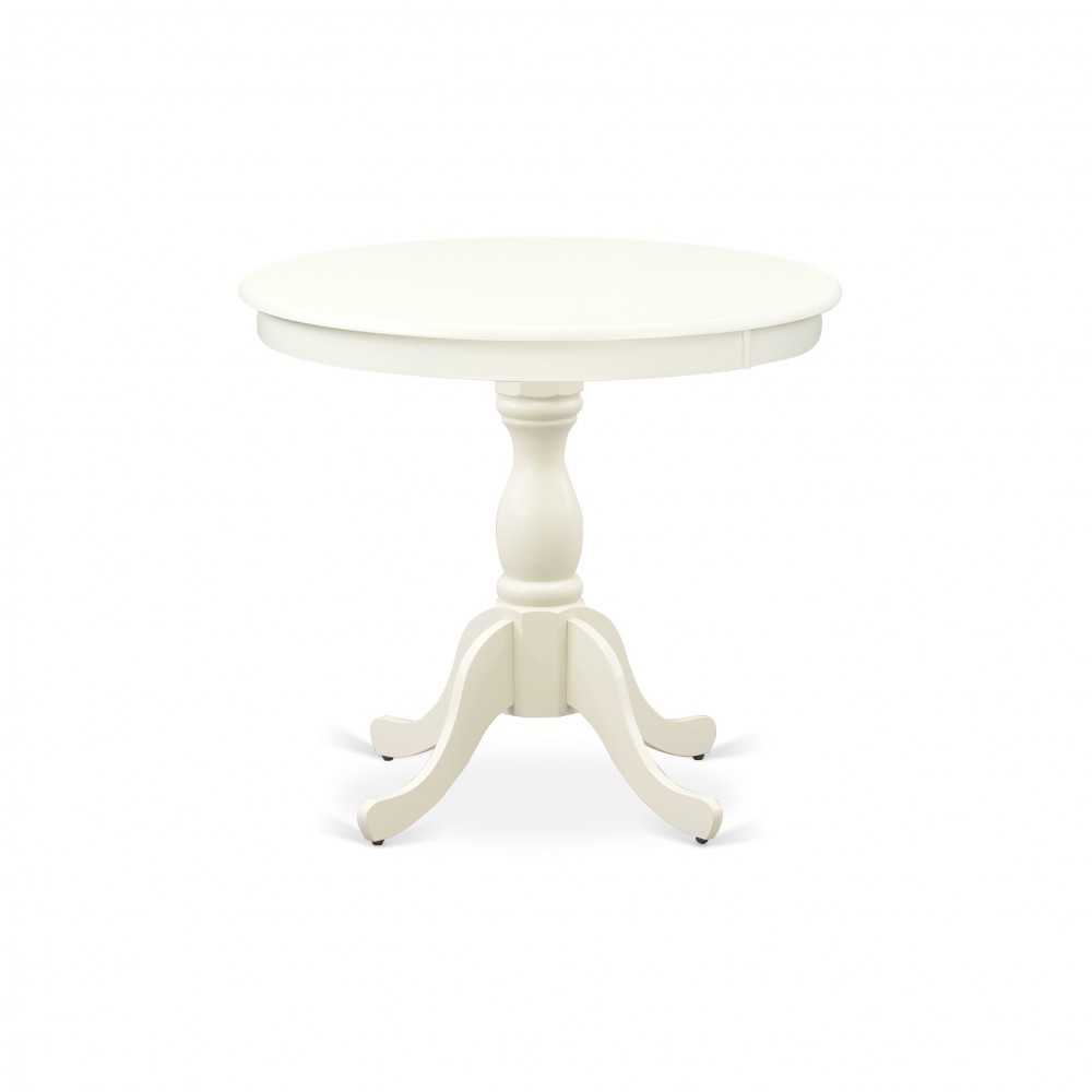 Round Dining Table Linen White Color Top Surface, Asian Wood Round Table Pedestal Legs -Linen White Finish