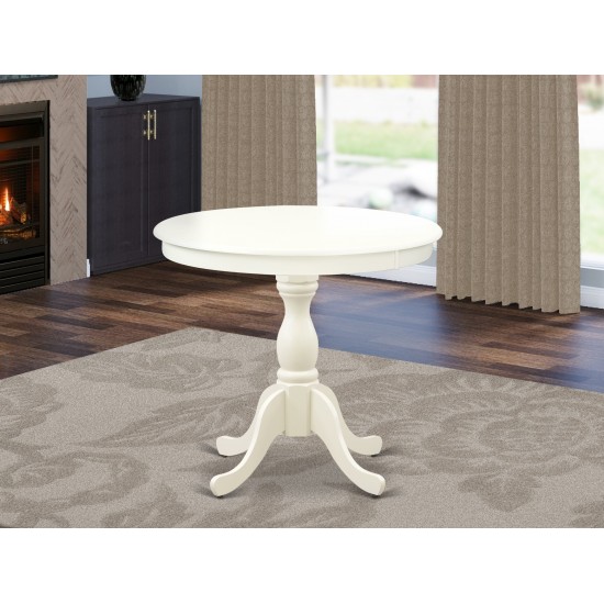 Round Dining Table Linen White Color Top Surface, Asian Wood Round Table Pedestal Legs -Linen White Finish