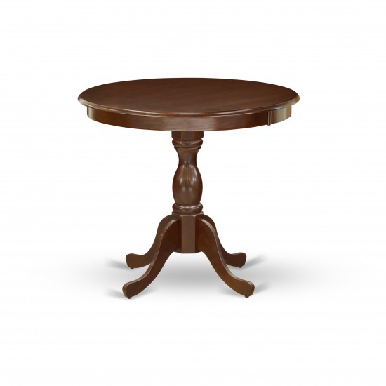 Round Wood Table Mahogany Color Top Surface, Asian Wood Round Dining Table Pedestal Legs -Mahogany Finish