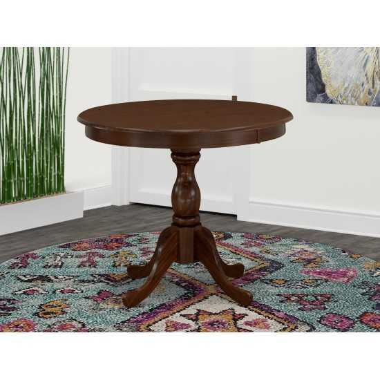 Round Wood Table Mahogany Color Top Surface, Asian Wood Round Dining Table Pedestal Legs -Mahogany Finish