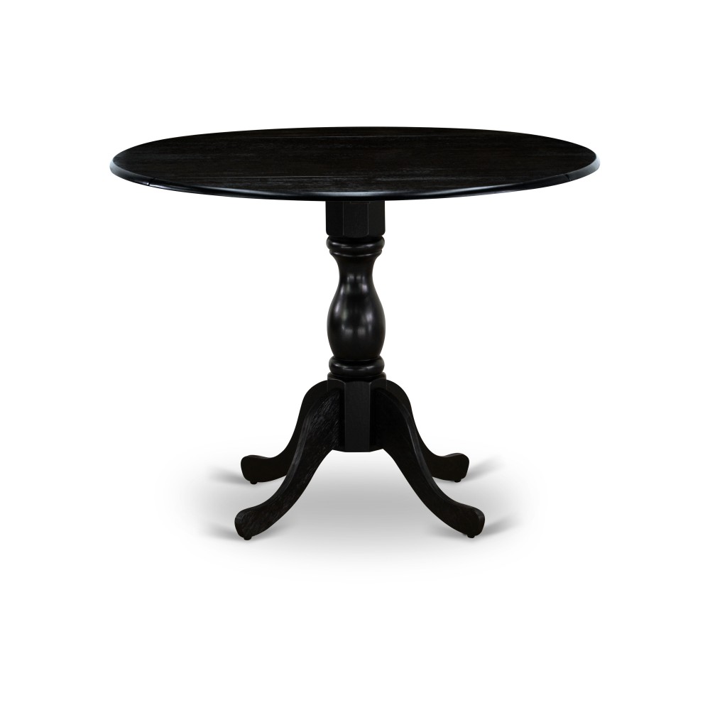 Round Wood Table Wire Brushed Black Color Top Surface, Pedestal Legs