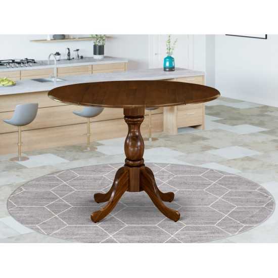 Round Table Acacia Walnut Color Top Surface, Asian Wood Drops Leave Small Table Pedestal Legs -Acacia Walnut Finish