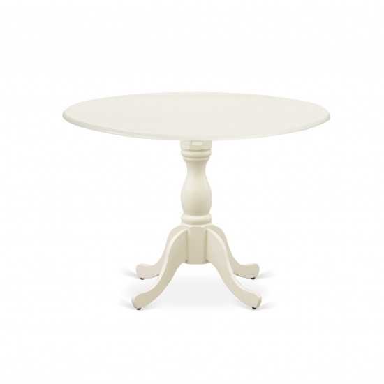 Round Wood Table Linen White Color Drops Leave Top Surface, Asian Wood Dining Table Pedestal Legs -Linen White Finish