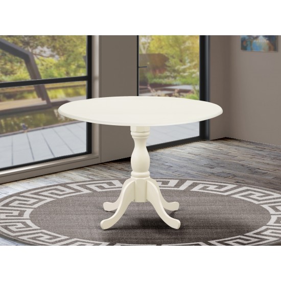 Round Wood Table Linen White Color Drops Leave Top Surface, Asian Wood Dining Table Pedestal Legs -Linen White Finish