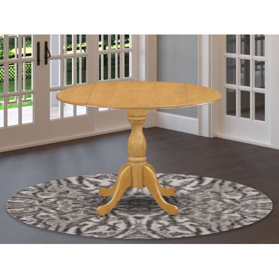 Round Table Drops Leave Oak Color Top Surface, Asian Wood Kitchen Dining Table Pedestal Legs -Oak Finish