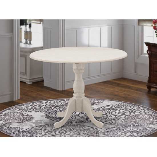 Round Small Table Linen White Color Drops Leave Top Surface, Asian Wood Small Dining Table Pedestal Legs -Black Finish