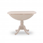 Round Small Table Linen White Color Drops Leave Top Surface, Asian Wood Small Dining Table Pedestal Legs -Black Finish