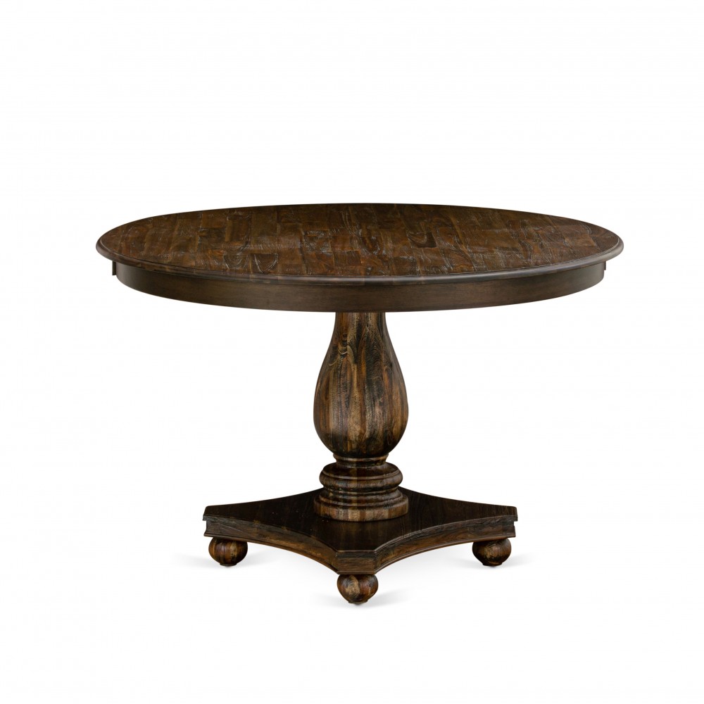 Round Dining Table, Pedestal, Rustic Rubberwood Table In Distressed Jacobean Finish, 48"