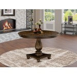 Round Dining Table, Pedestal, Rustic Rubberwood Table In Distressed Jacobean Finish, 48"