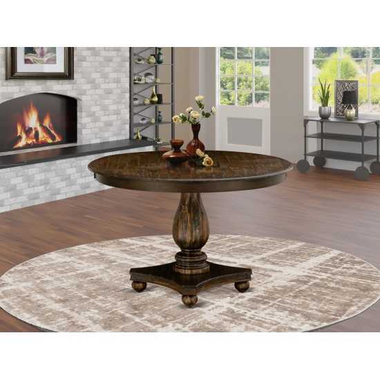 Round Dining Table, Pedestal, Rustic Rubberwood Table In Distressed Jacobean Finish, 48"