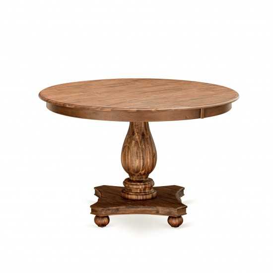 Round Dining Table, Pedestal, Rustic Rubberwood Table In Sandblasting Antique Walnut Finish, 48 Inch