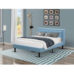 Platform Queen Size Bed Denim Blue Upholestered Bed Headboard, Button Tufted Trim Design Black Legs