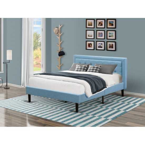 Platform Queen Size Bed Denim Blue Upholestered Bed Headboard, Button Tufted Trim Design Black Legs