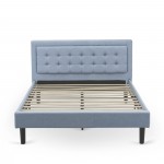 Platform Queen Size Bed Denim Blue Upholestered Bed Headboard, Button Tufted Trim Design Black Legs