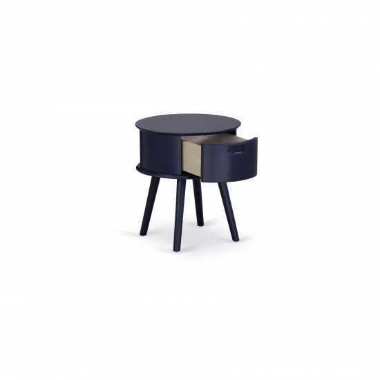 Gordon Round Night Stand End Table With Drawer In Navy Blue Finish