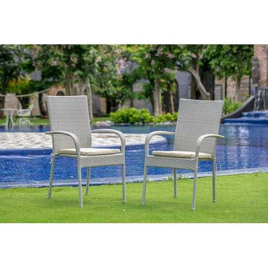 Patio Chair With Cushion, Natural Linen Wicker, And Beige Cushion - Set Of 2