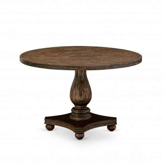 Irving Round Dining Table, Pedestal, Rustic Rubberwood Table In Distressed Jacobean Finish, 48 Inch