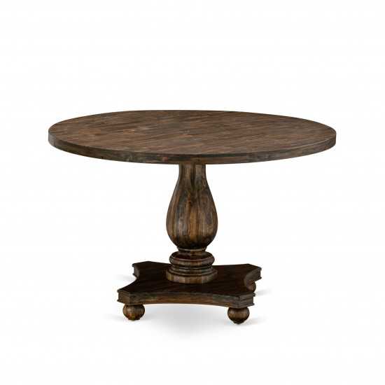 Irving Round Dining Table, Pedestal, Rustic Rubberwood Table In Distressed Jacobean Finish, 48 Inch