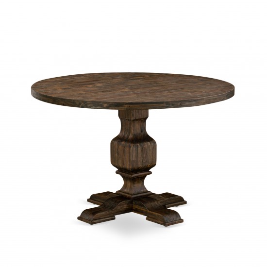 Irving Round Dining Table, Pedestal, Rustic Rubberwood Table In Distressed Jacobean Finish, 48 Inch