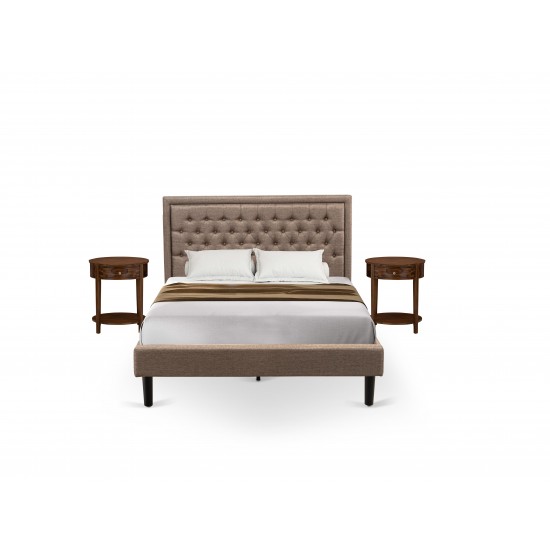 3 Pc Queen Size Bed Set, 1 Queen Size Bed Dark Khaki, Headboard, 2 Wooden Nightstand, Black Legs