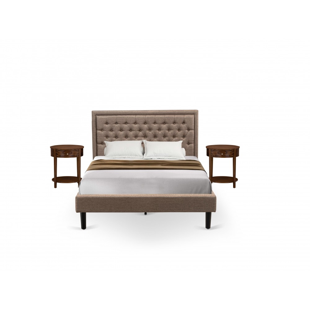 3 Pc Queen Size Bed Set, 1 Queen Size Bed Dark Khaki, Headboard, 2 Wooden Nightstand, Black Legs