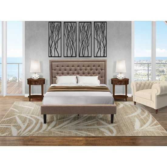 3 Pc Queen Size Bed Set, 1 Queen Size Bed Dark Khaki, Headboard, 2 Wooden Nightstand, Black Legs