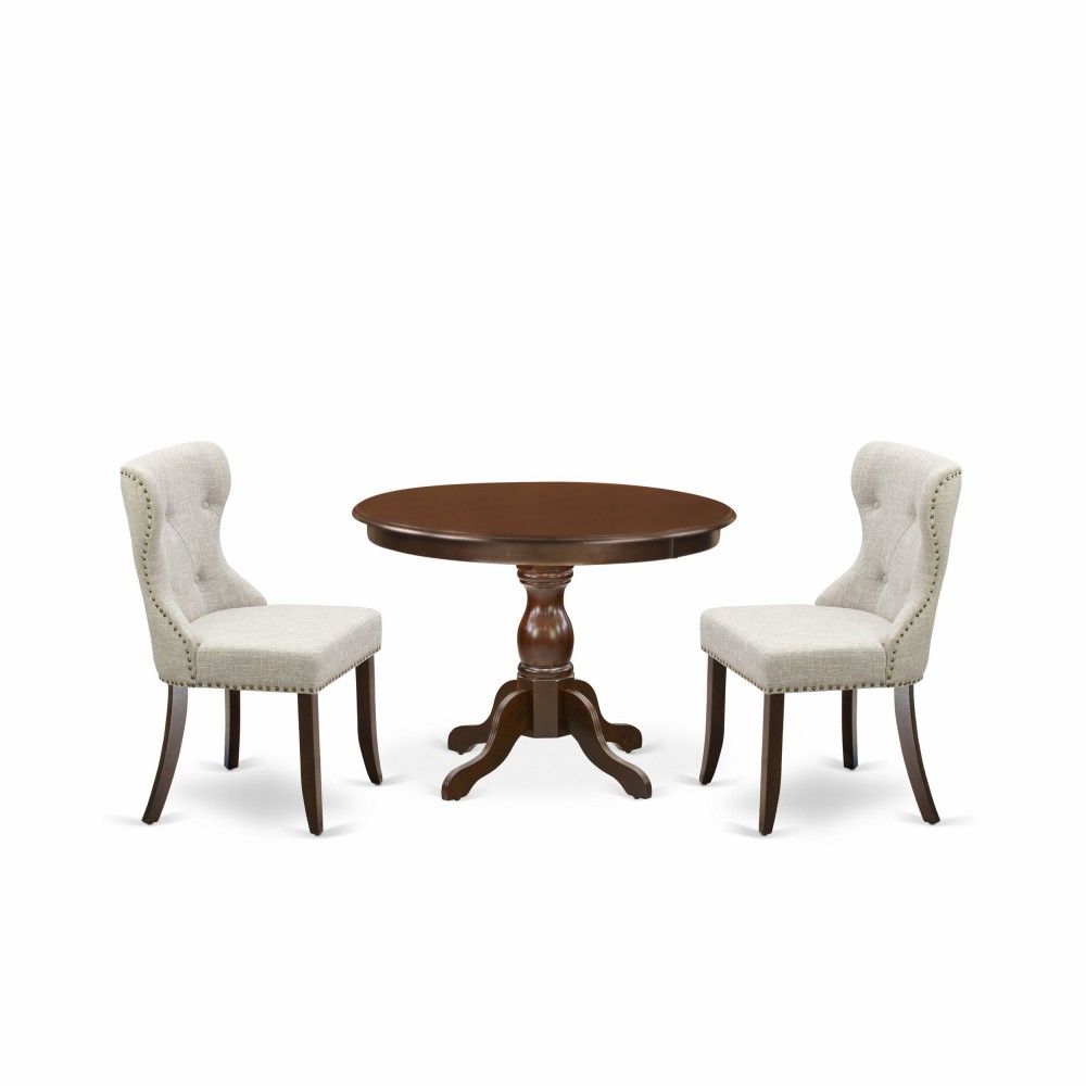 3 Pc Set, Mahogany Wood Table, 2 Doeskin Kitchen Chairs Button Tufted Back, Nail Heads, Mahogany Finish