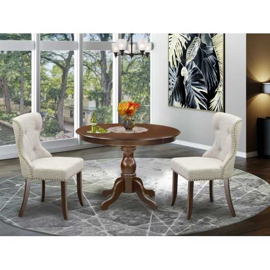 3 Pc Set, Mahogany Wood Table, 2 Doeskin Kitchen Chairs Button Tufted Back, Nail Heads, Mahogany Finish