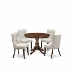 5 Pc Dining Set, Mahogany Kitchen Table, 4 Doeskin Parson Chairs Button Tufted Back, Nail Heads, Mahogany Finish