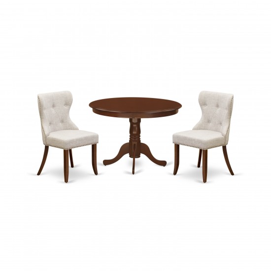 A Dining Set Of Two Great Parson Chairs, Doeskin Color, Gorgeous 42-Inch Antique Wooden Table In Mahogany Finish