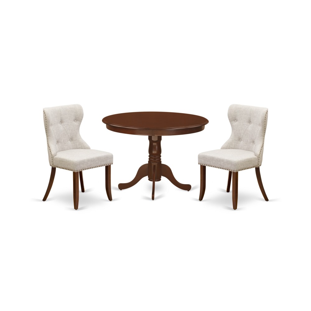 A Dining Set Of Two Great Parson Chairs, Doeskin Color, Gorgeous 42-Inch Antique Wooden Table In Mahogany Finish