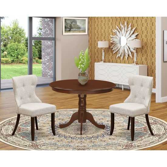 A Dining Set Of Two Great Parson Chairs, Doeskin Color, Gorgeous 42-Inch Antique Wooden Table In Mahogany Finish