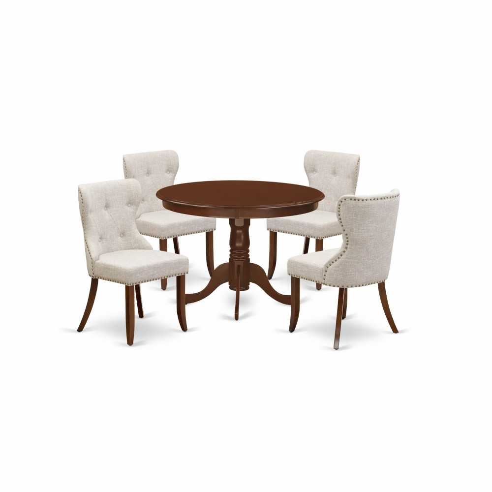 A Dining Set Of 4 Wonderful Chairs Using Doeskin Color, An Attractive Table, Mahogany Finish A Dining Set Of 4 Wonderful Chairs Using Doeskin Color, An Attractive Table, Mahogany Finish