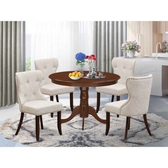 A Dining Set Of 4 Wonderful Chairs Using Doeskin Color, An Attractive Table, Mahogany Finish