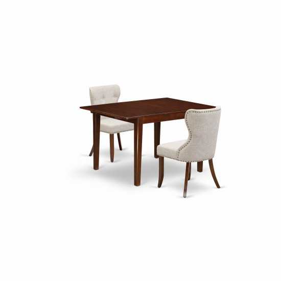 A Dining Set Of Two Parson Chairs Using Doeskin Color, 12" Butterfly Leaf Rectangle Table In Mahogany Finish