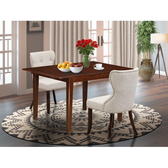 A Dining Set Of Two Parson Chairs Using Doeskin Color, 12" Butterfly Leaf Rectangle Table In Mahogany Finish