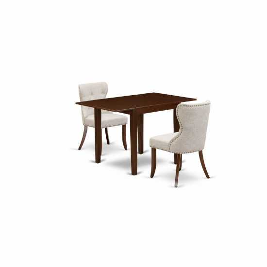 A Dining Set Of Two Amazing Kitchen Chairs, Doeskin Color, Drop Leaf Rectangle Table, Mahogany Finish