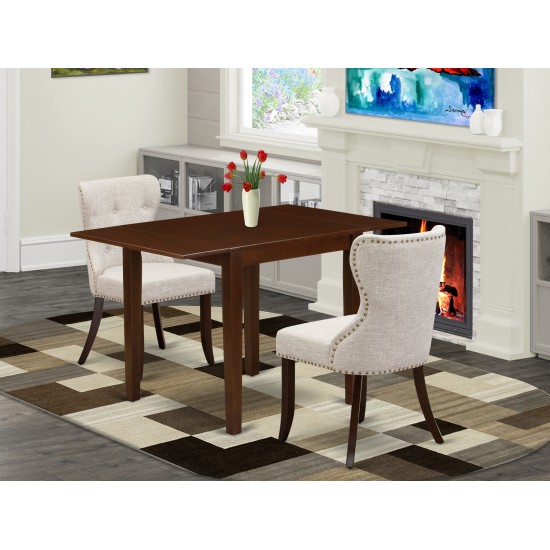 A Dining Set Of Two Amazing Kitchen Chairs, Doeskin Color, Drop Leaf Rectangle Table, Mahogany Finish