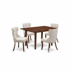 A Dining Set Of 4 Parson Chairs, Doeskin Color, 12" Butterfly Leaf Rectangle Table, Mahogany Finish